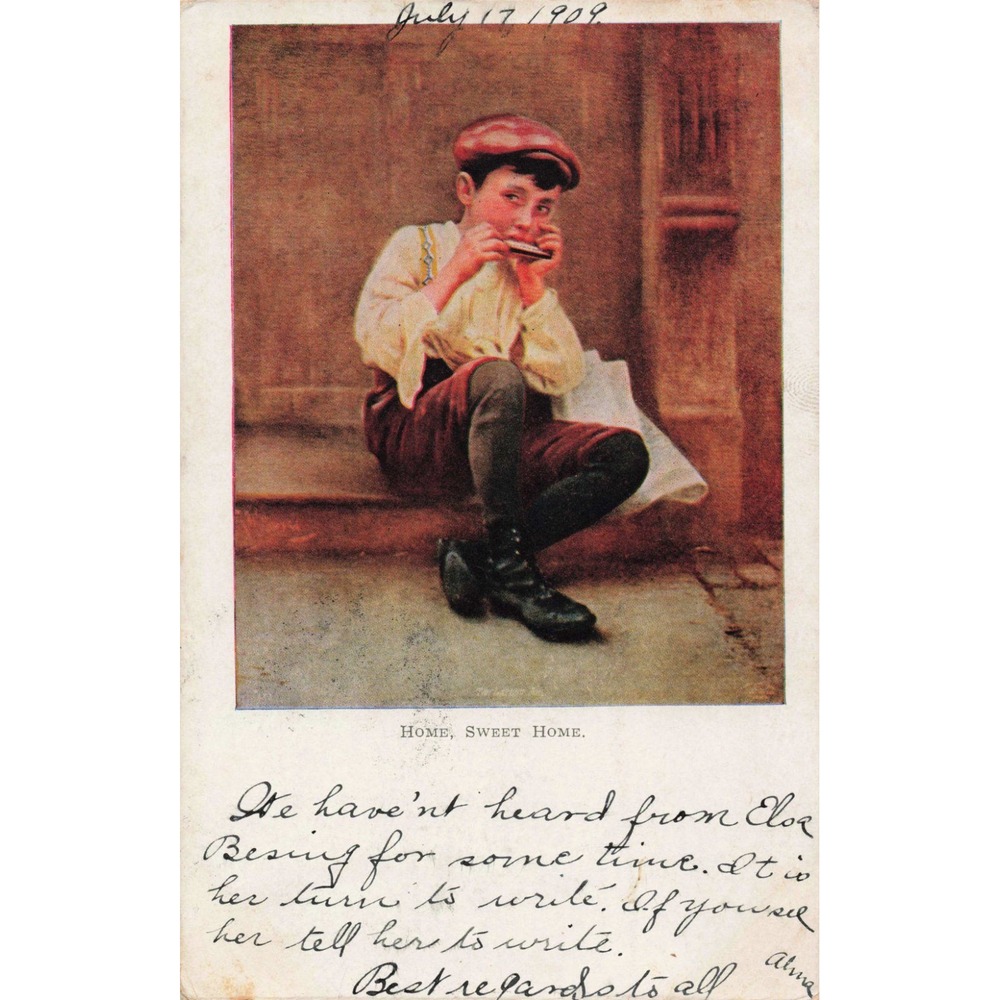 Antique 1909 Home Sweet Home Postcard Boy Playing Harmonica Sigel IL Postmark - Picture 1 of 2
